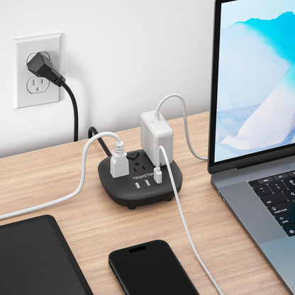 Power Strip 3 Outlets and 3 USB Ports with Switch Control, Desktop Charging Station with 5 Ft Extension Cord, Compact for Nightstand, Office and Travel - Black