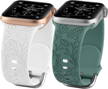 2 Pack Flower Engraved Sport Strap for Apple Watch Bands 38Mm 40Mm 41Mm | Women Floral Laser Soft Silicone Wristband Replacement for Iwatch Series 11 10 42 Mm, 9 8 7 6 5 4 3 2 1 SE