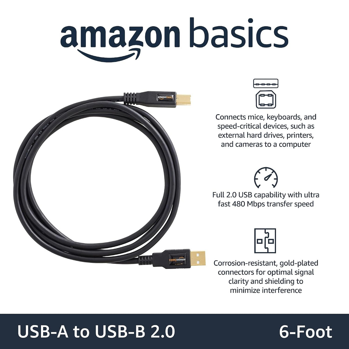USB-A to USB-B 6ft Cable — USB 2.0.