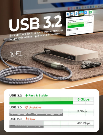 USB Extension Cable 10FT USB 3.0 Extender Male to Female Cord Grey | 5Gbps High Data Transfer for Printer Webcam Flash Drive Hard Drive Hub Keyboard Mouse Camera Playstation Xbox and More