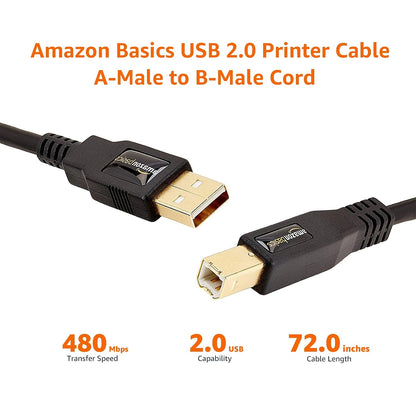 USB 2.0 Cable, USB-A to USB-B, for Printer or External Hard Drive, Connect to Computer/Laptop/Pc, 480 Mbps Transfer Speed, Gold-Plated Connectors, 6 Foot, Black