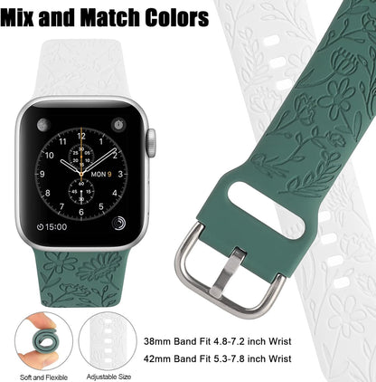 2 Pack Flower Engraved Sport Strap for Apple Watch Bands 38Mm 40Mm 41Mm | Women Floral Laser Soft Silicone Wristband Replacement for Iwatch Series 11 10 42 Mm, 9 8 7 6 5 4 3 2 1 SE