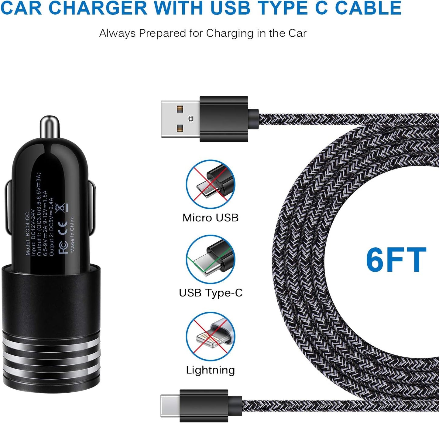 Type C Charger Fast Charger for Samsung Galaxy S26 S25 S24 S23 S22 S21 | Z Fold7 A57 A37 A17 A56 A36 A26 A16 A55 A35 A25 A15 A54 A14 A53,Quick Charge 3.0 Car Charger Wall Adapter+3Ft 6FT USB C Cable