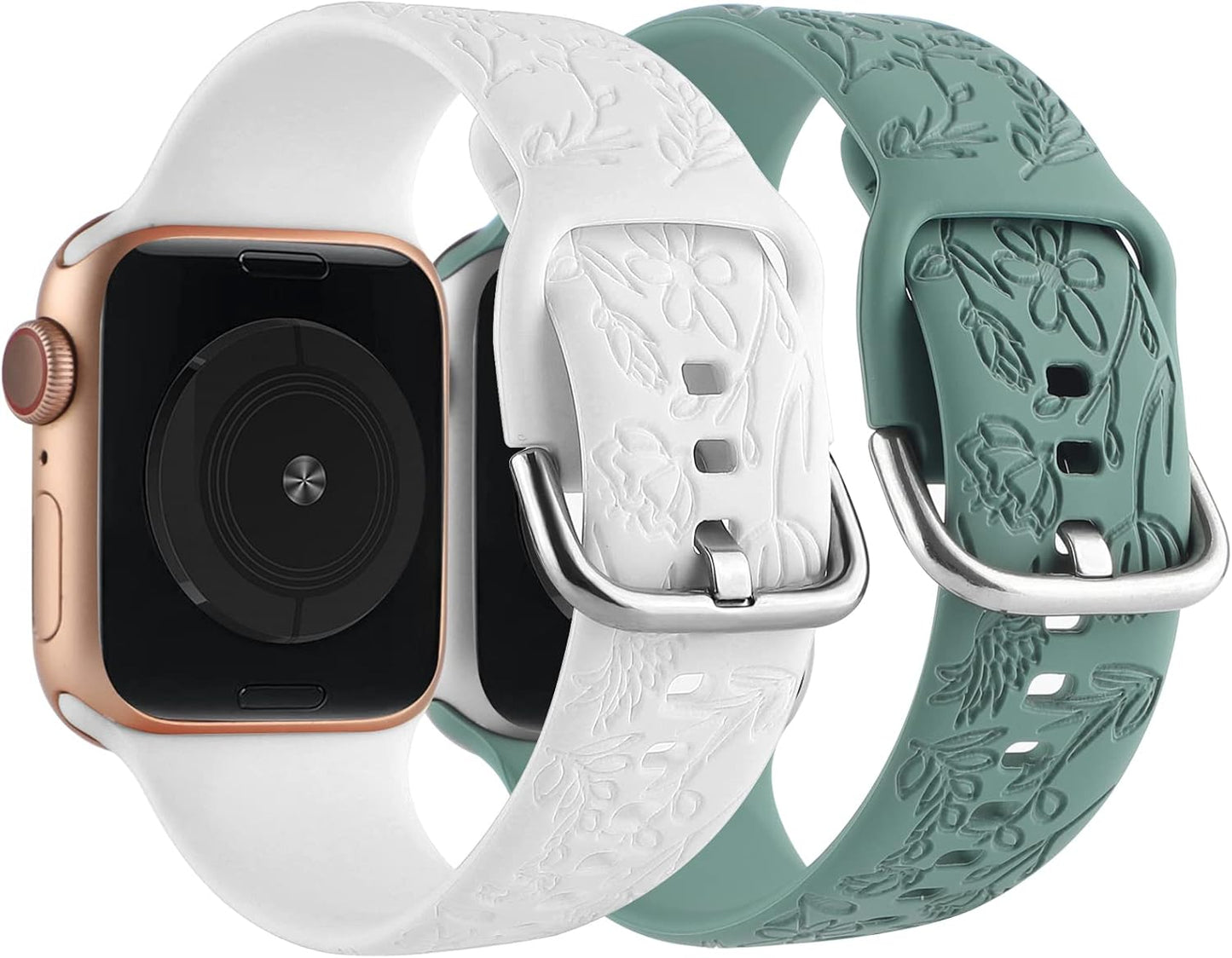 2 Pack Flower Engraved Sport Strap for Apple Watch Bands 38Mm 40Mm 41Mm | Women Floral Laser Soft Silicone Wristband Replacement for Iwatch Series 11 10 42 Mm, 9 8 7 6 5 4 3 2 1 SE