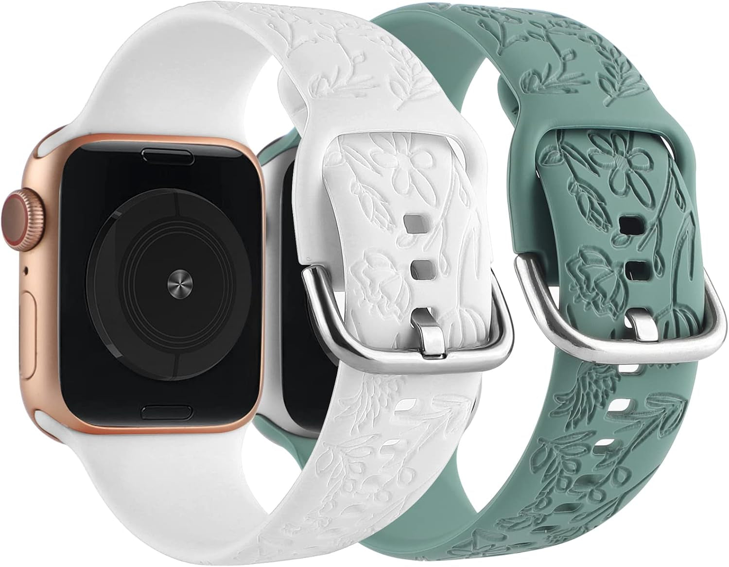 2 Pack Flower Engraved Sport Strap for Apple Watch Bands 38Mm 40Mm 41Mm | Women Floral Laser Soft Silicone Wristband Replacement for Iwatch Series 11 10 42 Mm, 9 8 7 6 5 4 3 2 1 SE