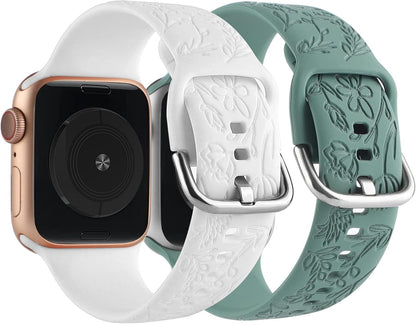 2 Pack Flower Engraved Sport Strap for Apple Watch Bands 38Mm 40Mm 41Mm | Women Floral Laser Soft Silicone Wristband Replacement for Iwatch Series 11 10 42 Mm, 9 8 7 6 5 4 3 2 1 SE