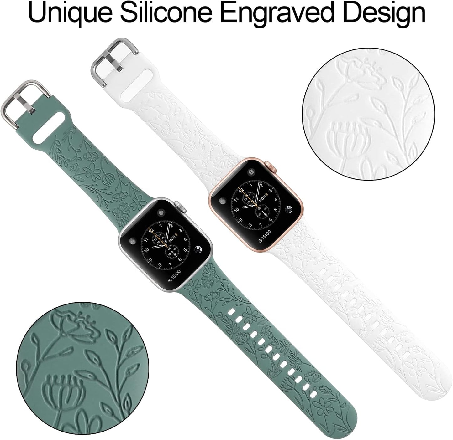 2 Pack Flower Engraved Sport Strap for Apple Watch Bands 38Mm 40Mm 41Mm | Women Floral Laser Soft Silicone Wristband Replacement for Iwatch Series 11 10 42 Mm, 9 8 7 6 5 4 3 2 1 SE