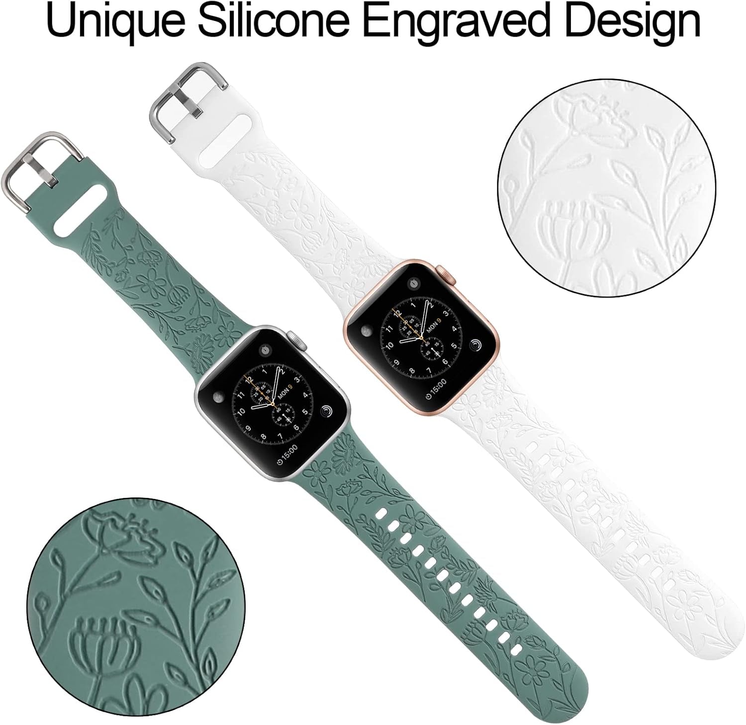 2 Pack Flower Engraved Sport Strap for Apple Watch Bands 38Mm 40Mm 41Mm | Women Floral Laser Soft Silicone Wristband Replacement for Iwatch Series 11 10 42 Mm, 9 8 7 6 5 4 3 2 1 SE