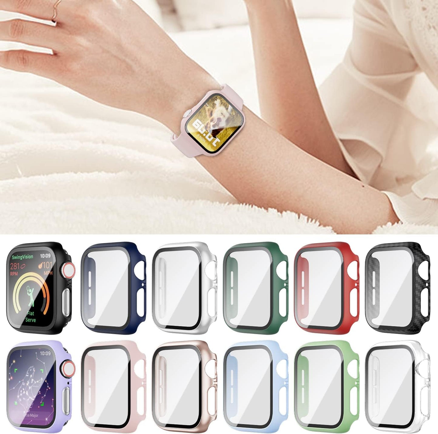 For Apple Watch 44Mm SE Series 4/5/6 Screen Protector Case 12 Pack | PC Hard Cover with Tempered Glass Film Highly Responsive Touch Scratch Resistant Protective Bumper for Iwatch Accessories